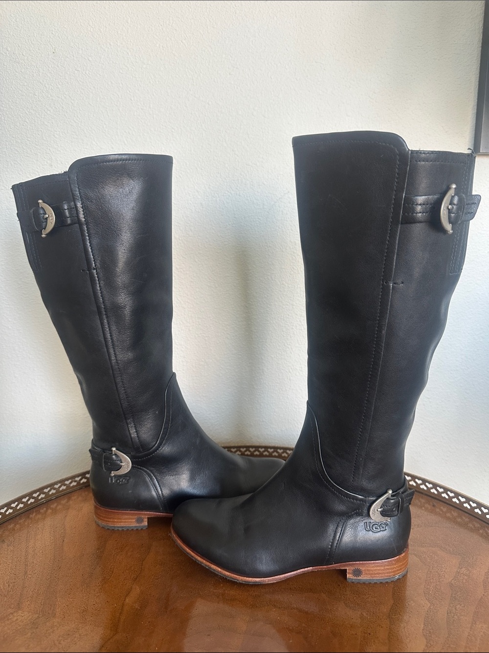 UGG Women's Black Leather Knee-High Riding Boots with Buckle Detail